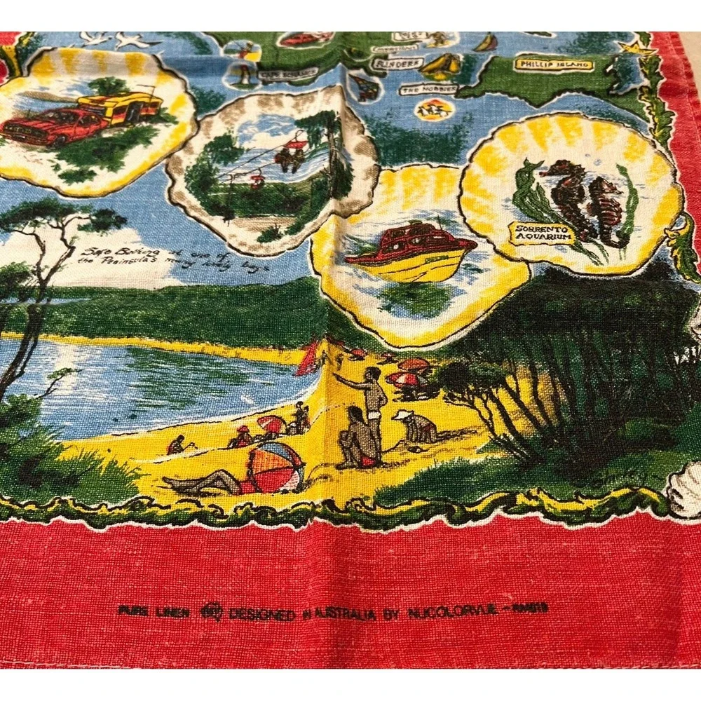 VTG Souvenir Linen Tea Towel Australian Scenic Bay Local Bird Kitchen Dish 17x28